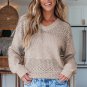 Brown Eyelet Pattern Detail V Neck Drop Shoulder Sweater