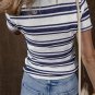 Dark Blue Stripe Collared Button V Neck Knitted T Shirt
