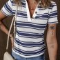 Dark Blue Stripe Collared Button V Neck Knitted T Shirt