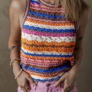 Dark Blue Striped Textured Knit Crew Neck Sweater Vest