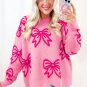 Pink Bow Pattern Drop Shoulder Loose Sweater