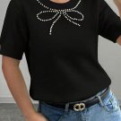 Black Pearl Bow Necklace Embellished Short Sleeve Knitted T Shirt