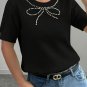 Black Pearl Bow Necklace Embellished Short Sleeve Knitted T Shirt