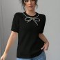 Black Pearl Bow Necklace Embellished Short Sleeve Knitted T Shirt