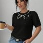 Black Pearl Bow Necklace Embellished Short Sleeve Knitted T Shirt