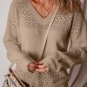 Camel Eyelet Pattern Detail V Neck Drop Shoulder Sweater