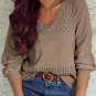 Camel Eyelet Pattern Detail V Neck Drop Shoulder Sweater