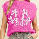 Bright Pink Western Horse Embroidered Round Neck Sweater Tee