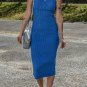 Dark Blue Solid Ribbed Knit Sheath Sleeveless Midi Sweater Dress