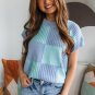 Light Blue Checkered Color Block Crew Neck Short Sleeve Sweater