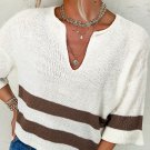 Brown Striped Accent Notched V Neck Cropped Sweater T Shirt