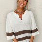 Brown Striped Accent Notched V Neck Cropped Sweater T Shirt