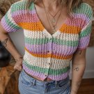 Orange Colorblock Striped Pointelle Knit Buttoned Crop Sweater