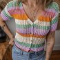 Orange Colorblock Striped Pointelle Knit Buttoned Crop Sweater