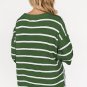 Green Stripe Henley Buttoned Placket Bracelet Sleeve Knit Sweater Tee