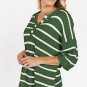 Green Stripe Henley Buttoned Placket Bracelet Sleeve Knit Sweater Tee