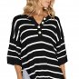 Black Stripe Henley Buttoned Placket Bracelet Sleeve Knit Sweater Tee