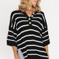 Black Stripe Henley Buttoned Placket Bracelet Sleeve Knit Sweater Tee