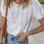 White Pointelle Knit Short Puff Sleeve Crewneck Sweater