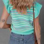 Green Colorful Striped Eyelet Knit Ruffled Sleeve Sweater T Shirt