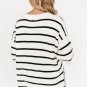 White Stripe Henley Buttoned Placket Bracelet Sleeve Knit Sweater Tee