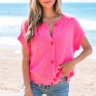 Bright Pink Distressed Hem Short Sleeve Knitted Button Front Sweater