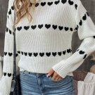 White Contrast Heart Pattern Crew Neck Sweater