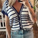 Blue Stripe Loose Buttoned V Neck Sweater Vest