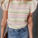 Oatmeal Colorful Striped Eyelet Knit Ruffled Sleeve Sweater T Shirt