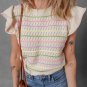 Oatmeal Colorful Striped Eyelet Knit Ruffled Sleeve Sweater T Shirt