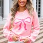 Pink Bow Graphic Drop Shoulder Round Neck Sweater