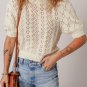 Beige Hollowed Pattern Knit Short Puff Sleeve Sweater