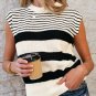 Black white Striped O Neck Sweater Vest