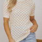 Beige Hollow Out Crochet O Neck Short Sleeve Sweater Tee