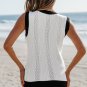 White Contrast Trim Eyelet Knit Colorblock V Neck Sweater Vest