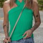 Dark Green Ribbed Criss Cross Halter Neck Sheath Sweater Tank Top