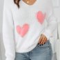 White Pearl Beaded Heart Pattern Fuzzy V Neck Sweater