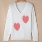White Pearl Beaded Heart Pattern Fuzzy V Neck Sweater