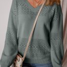 Mist Green Eyelet Pattern Detail V Neck Drop Shoulder Sweater