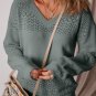 Mist Green Eyelet Pattern Detail V Neck Drop Shoulder Sweater