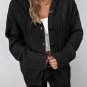 Black Drawstring Hooded Button Up Drop Shoulder Sweater Cardigan