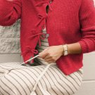 Fiery Red Ribbed Knit Bow Front Buttoned Cardigan