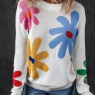 White Colorful Big Flower Pattern Crewneck Sweater