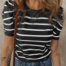 White Stripe Ribbed Trim Round Neck Bubble Sleeve Knitted Top