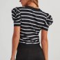 White Stripe Ribbed Trim Round Neck Bubble Sleeve Knitted Top