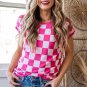 Rose Check Pattern Cap Sleeve Knitted Sweater