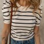 Black Stripe Ribbed Trim Round Neck Bubble Sleeve Knitted Top