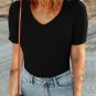 Black V Neck Ribbed Knit Lightweight Short Sleeve Sweater