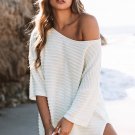 Beige Textured Knit Drop Shoulder Short Sleeve Sweater