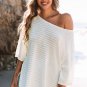 Beige Textured Knit Drop Shoulder Short Sleeve Sweater